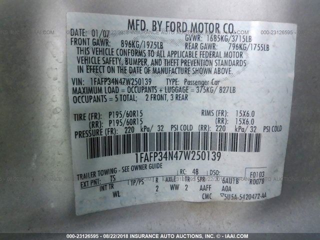 1FAFP34N47W250139 - 2007 FORD FOCUS ZX4/S/SE/SES 银色 照片 9