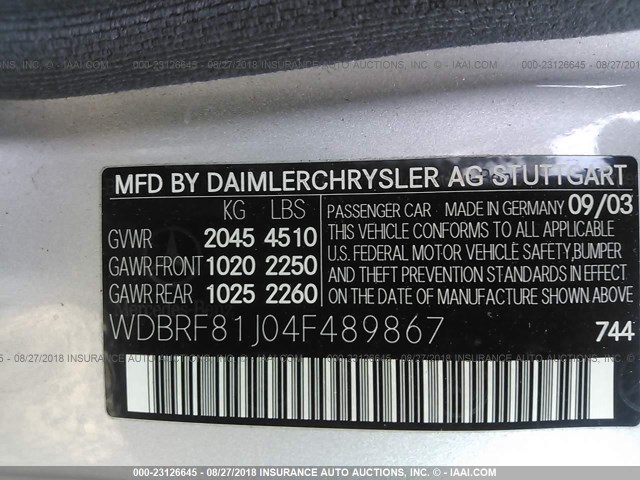 WDBRF81J04F489867 - 2004 MERCEDES-BENZ C 240 4MATIC SILVER photo 9