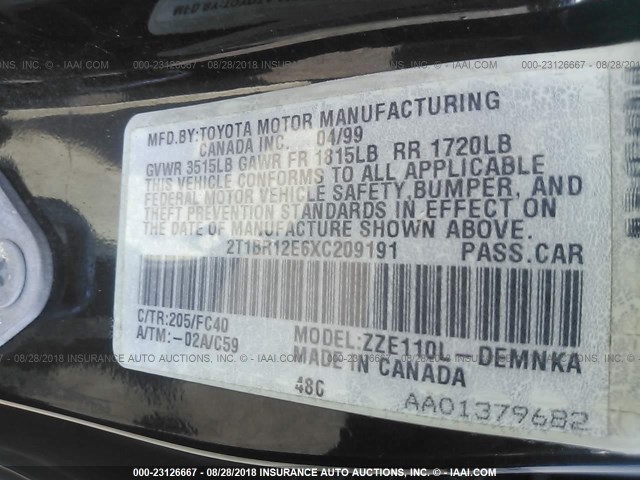 2T1BR12E6XC209191 - 1999 TOYOTA COROLLA VE/CE/LE 黑色 照片 9