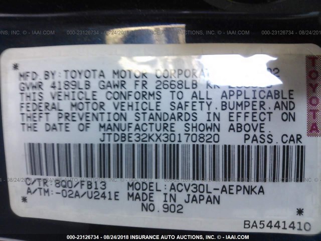 JTDBE32KX30170820 - 2003 TOYOTA CAMRY LE/XLE Dark Blue photo 9