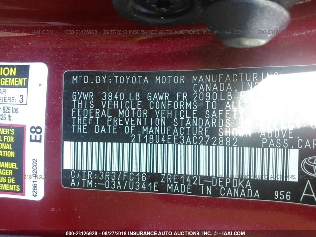 2T1BU4EE3AC272882 - 2010 TOYOTA COROLLA S/LE/XLE RED photo 9