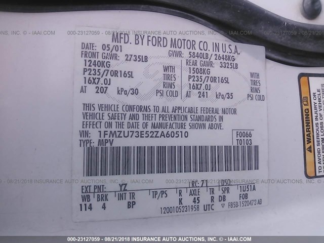 1FMZU73E52ZA60510 - 2002 FORD EXPLORER XLT WHITE photo 9