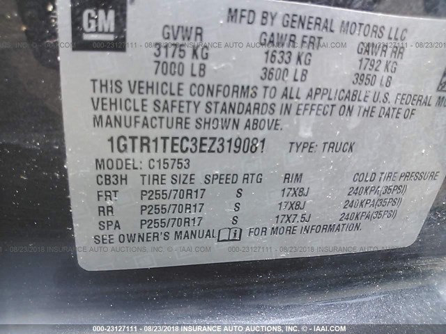 1GTR1TEC3EZ319081 - 2014 GMC SIERRA C1500 GRAY photo 9