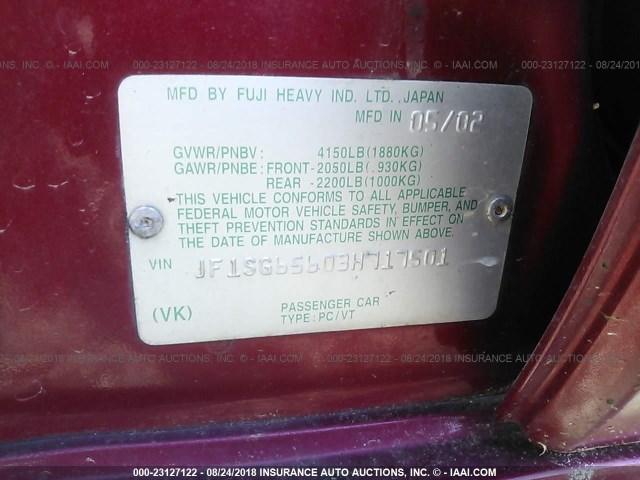 JF1SG65603H717501 - 2003 SUBARU FORESTER 2.5XS წითელი ფოტო 9