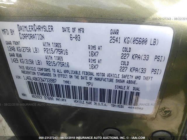 1J4GL48K23W733987 - 2003 JEEP LIBERTY SPORT/FREEDOM მწვანე ფოტო 9