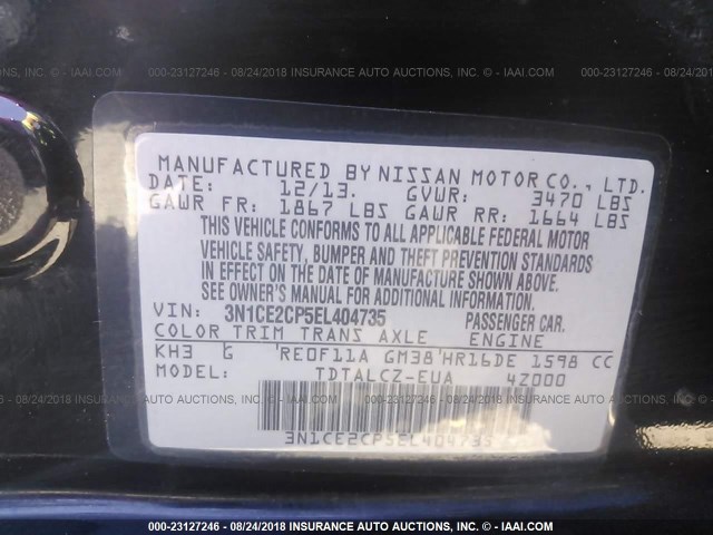 3N1CE2CP5EL404735 - 2014 NISSAN VERSA NOTE S/S PLUS/SV/SL BLACK photo 9