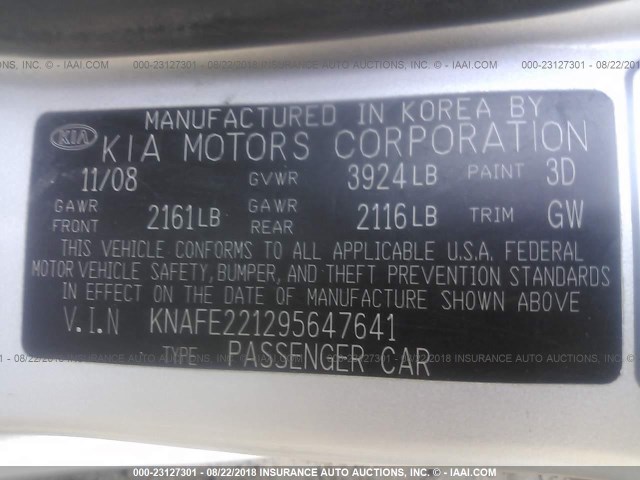 KNAFE221295647641 - 2009 KIA SPECTRA EX/LX/SX SILVER photo 9