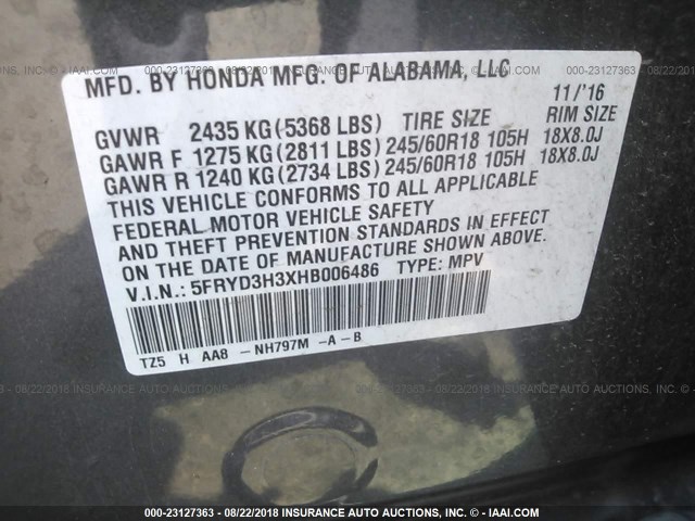 5FRYD3H3XHB006486 - 2017 ACURA MDX GRAY photo 9