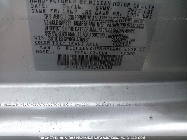 3N1CE2CP0GL406931 - 2016 NISSAN VERSA NOTE S/S PLUS/SV/SL/SR SILVER photo 9