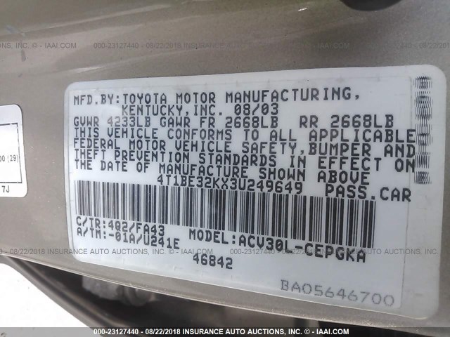 4T1BE32KX3U249649 - 2003 TOYOTA CAMRY LE/XLE/SE Qızıl foto 9