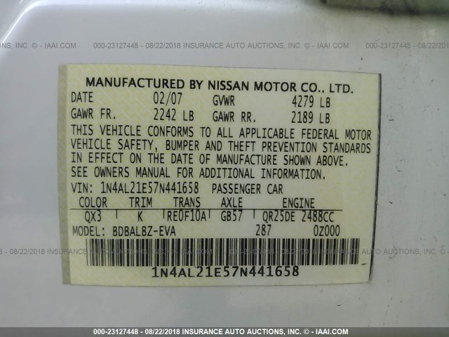 1N4AL21E57N441658 - 2007 NISSAN ALTIMA 2.5/2.5S WHITE photo 9