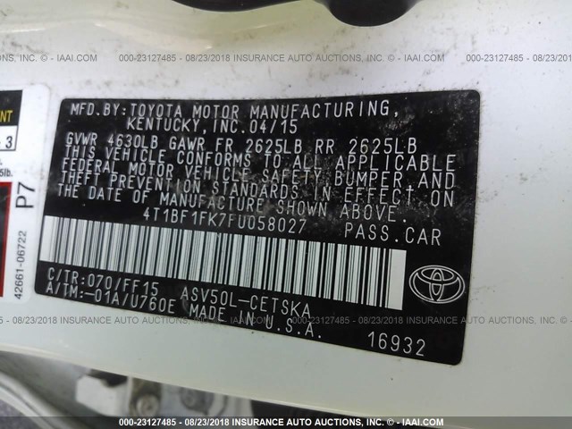 4T1BF1FK7FU058027 - 2015 TOYOTA CAMRY LE/XLE/SE/XSE 白色 照片 9