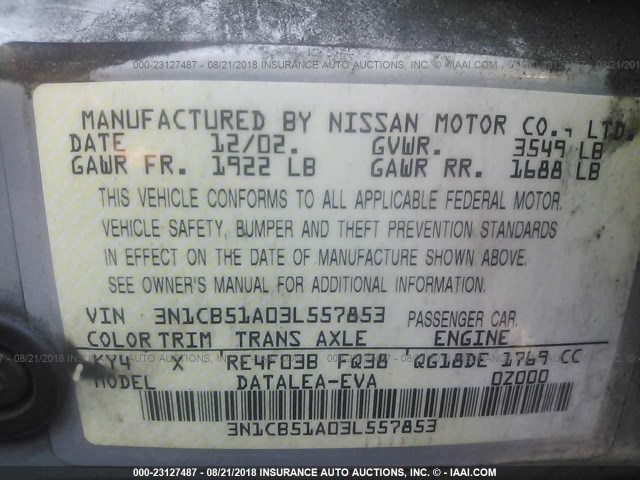 3N1CB51A03L557853 - 2003 NISSAN SENTRA GXE SILVER photo 9