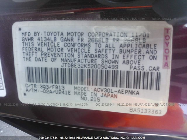 JTDBE32K520050499 - 2002 TOYOTA CAMRY LE/XLE/SE Qırmızı foto 9