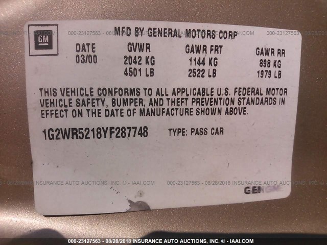 1G2WR5218YF287748 - 2000 PONTIAC GRAND PRIX GTP GOLD photo 9