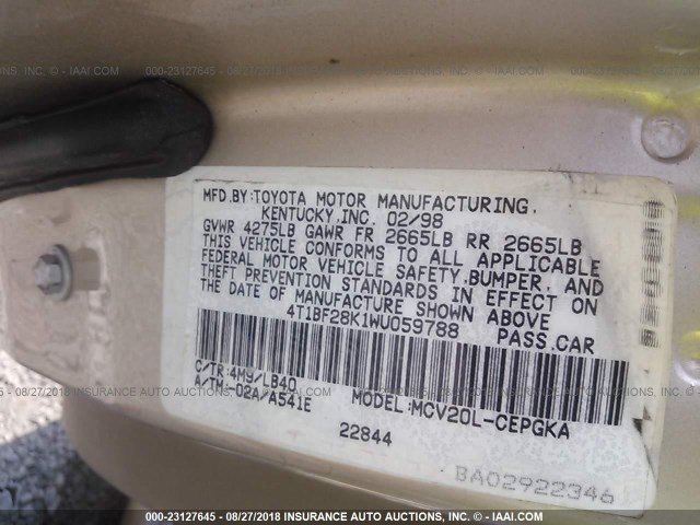 4T1BF28K1WU059788 - 1998 TOYOTA CAMRY CE/LE/XLE TAN photo 9