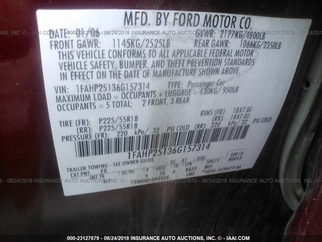 1FAHP25136G157314 - 2006 FORD FIVE HUNDRED LIMITED RED photo 9