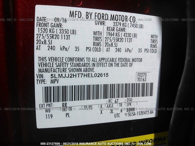 5LMJJ2HT7HEL02615 - 2017 LINCOLN NAVIGATOR SELECT Бордовый фото 9