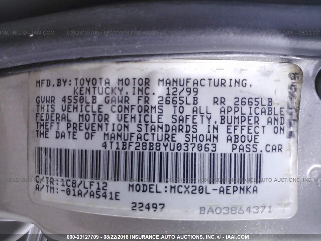 4T1BF28B8YU037063 - 2000 TOYOTA AVALON XL/XLS SILVER photo 9