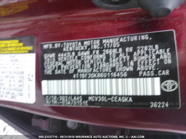 4T1BF30K86U116456 - 2006 TOYOTA CAMRY LE/XLE/SE 勃艮第红 照片 9