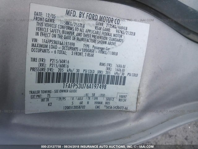 1FAFP53U76A197498 - 2006 FORD TAURUS SE SILVER photo 9