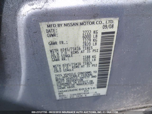 5N1AR18U09C605456 - 2009 NISSAN PATHFINDER S/LE/SE SILVER photo 9