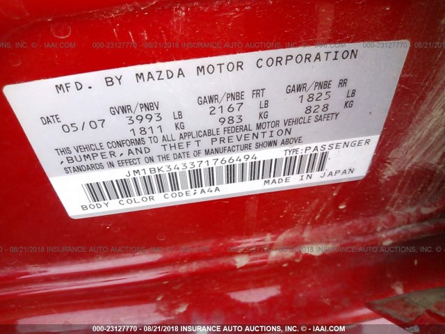 JM1BK343371766494 - 2007 MAZDA 3 HATCHBACK RED photo 9