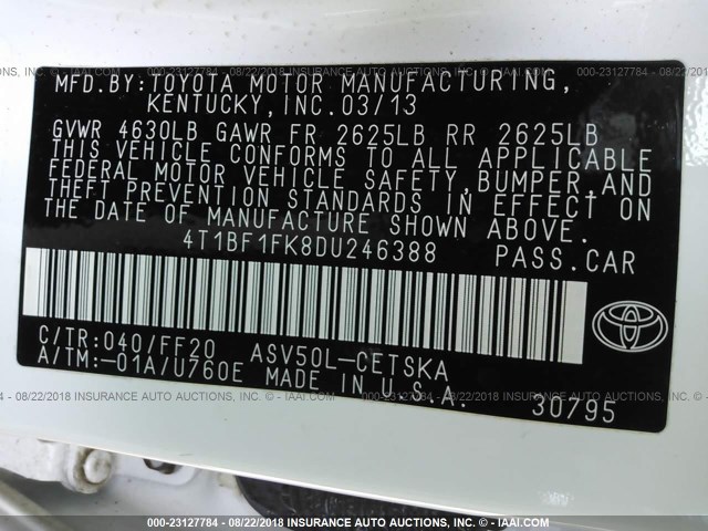 4T1BF1FK8DU246388 - 2013 TOYOTA CAMRY L/SE/LE/XLE 白色 照片 9