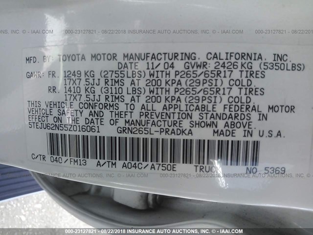 5TEJU62N55Z016061 - 2005 TOYOTA TACOMA DOUBLE CAB PRERUNNER WHITE photo 9