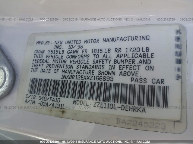 1NXBR12EXXZ166893 - 1999 TOYOTA COROLLA VE/CE/LE 白色 照片 9