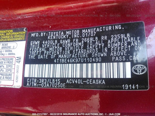 4T1BE46K97U110490 - 2007 TOYOTA CAMRY NEW GENERAT CE/LE/XLE/SE RED photo 9