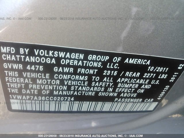 1VWAP7A36CC020724 - 2012 VOLKSWAGEN PASSAT S SILVER photo 9