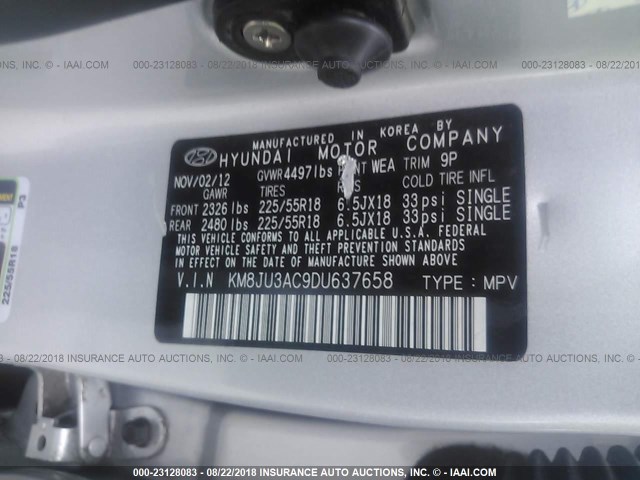 KM8JU3AC9DU637658 - 2013 HYUNDAI TUCSON GLS/LIMITED SILVER photo 9