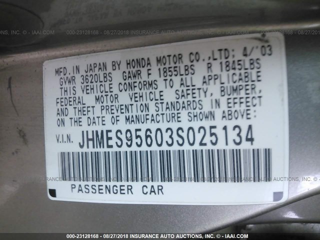 JHMES95603S025134 - 2003 HONDA CIVIC HYBRID Pewter photo 9