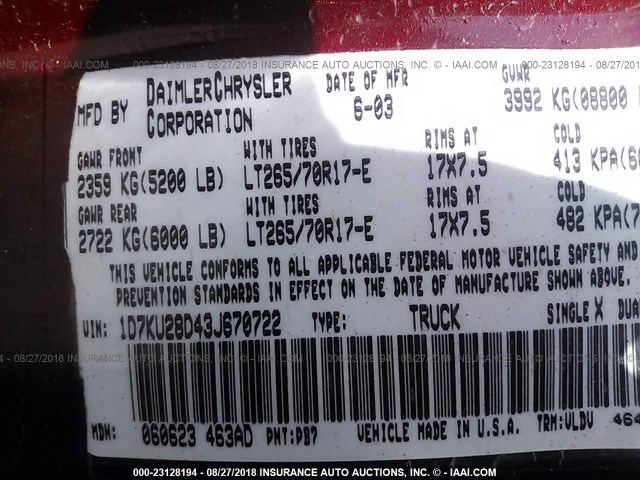 1D7KU28D43J670722 - 2003 DODGE RAM 2500 ST/SLT 红色 照片 9