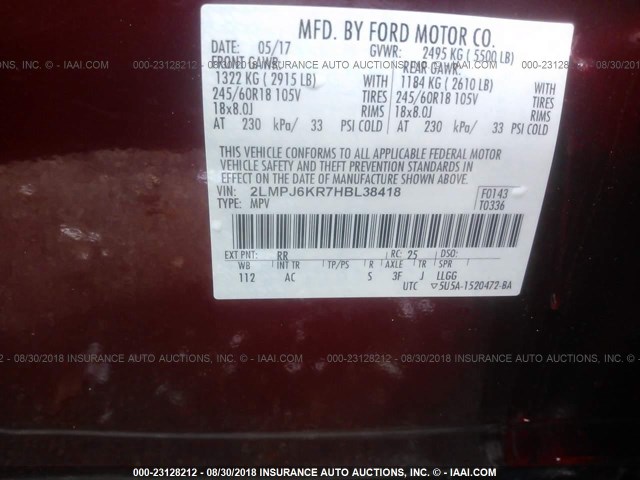 2LMPJ6KR7HBL38418 - 2017 LINCOLN MKX SELECT RED photo 9