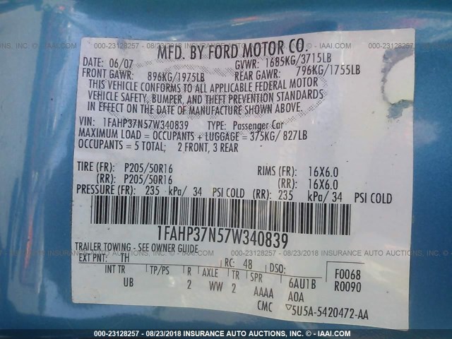 1FAHP37N57W340839 - 2007 FORD FOCUS ZX5/S/SE/SES 蓝色 照片 9