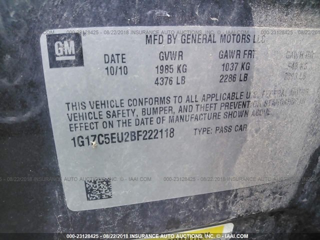 1G1ZC5EU2BF222118 - 2011 CHEVROLET MALIBU 1LT GRAY photo 9