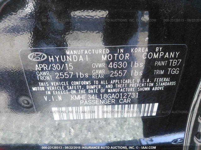 KMHE34L18GA012731 - 2016 HYUNDAI SONATA HYBRID/LIMITED BLACK photo 9