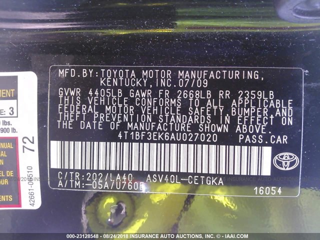 4T1BF3EK6AU027020 - 2010 TOYOTA CAMRY SE/LE/XLE 黑色 照片 9