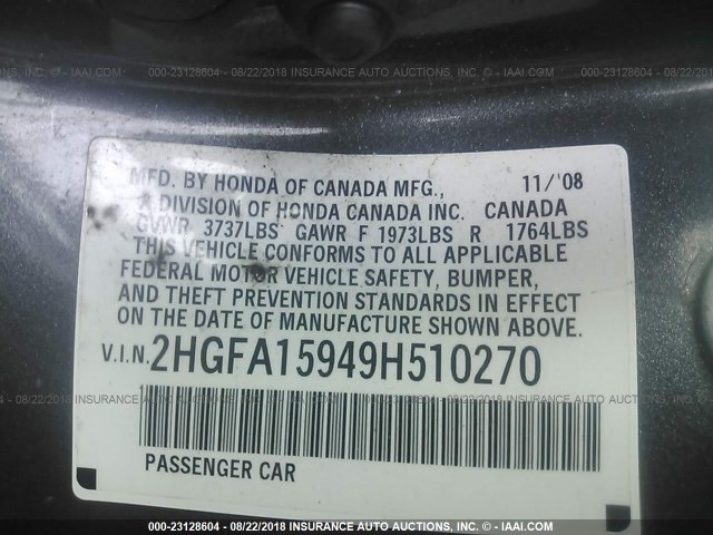 2HGFA15949H510270 - 2009 HONDA CIVIC EXL Boz foto 9