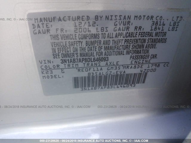 3N1AB7AP8DL646093 - 2013 NISSAN SENTRA S/SV/SR/SL SILVER photo 9