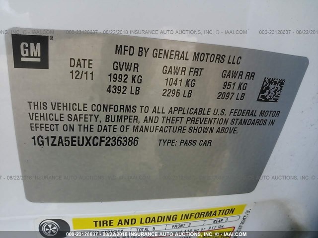 1G1ZA5EUXCF236386 - 2012 CHEVROLET MALIBU LS WHITE photo 9