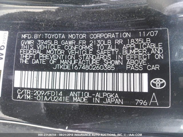 JTKDE167480260385 - 2008 TOYOTA SCION TC BLACK photo 9