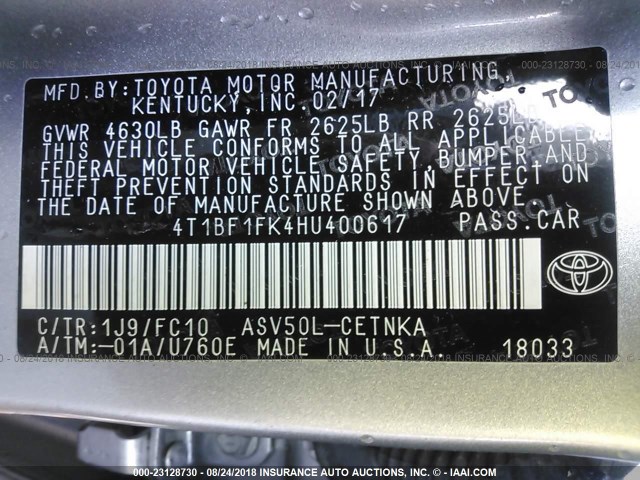 4T1BF1FK4HU400617 - 2017 TOYOTA CAMRY LE/XLE/SE/XSE SILVER photo 9