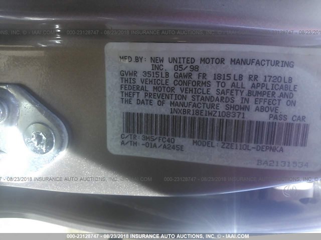 1NXBR18E1WZ108371 - 1998 TOYOTA COROLLA VE/CE/LE Brązowy zdjęcie 9