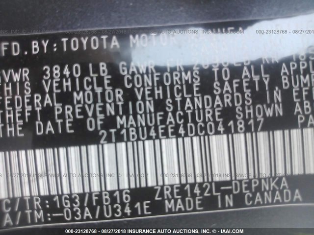 2T1BU4EE4DC041817 - 2013 TOYOTA COROLLA S/LE GRAY photo 9