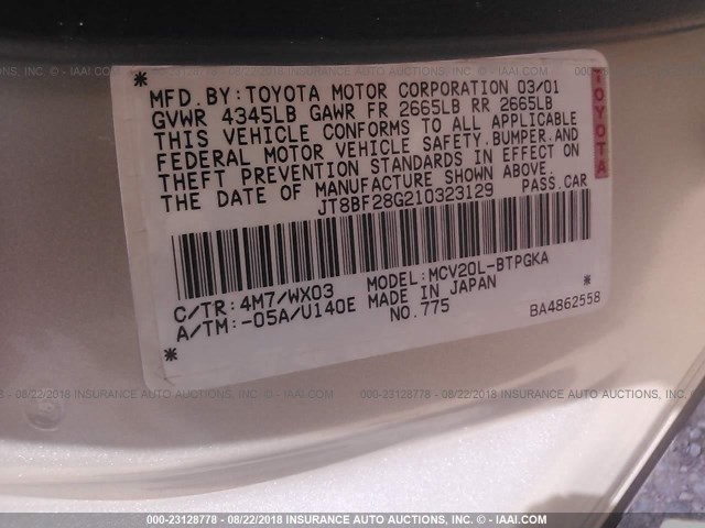 JT8BF28G210323129 - 2001 LEXUS ES 300 TAN photo 9