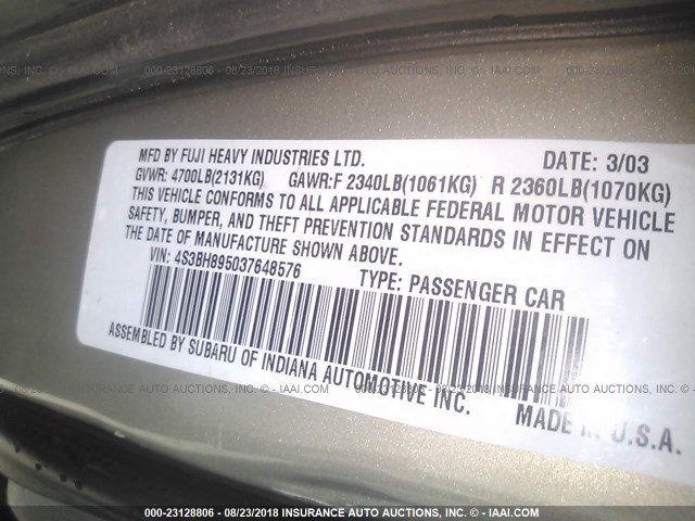 4S3BH895037648576 - 2003 SUBARU LEGACY OUTBACK H6 3.0 SPECIAL GRAY photo 9