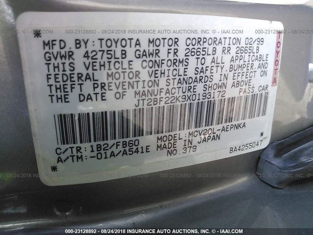 JT2BF22K9X0193172 - 1999 TOYOTA CAMRY LE/XLE SILVER photo 9